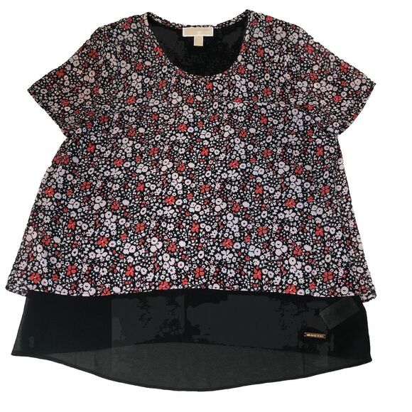 Michael Kors Womens Floral Short Sleeve Blouse Split Back Sheer Size Medium - Picture 1 of 13